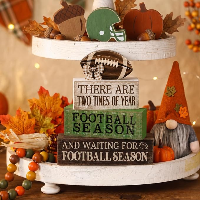 Lineshading 4 Pcs Football Tiered Tray Decor Wood Blocks Stackable Table | Stackable Centerpiece with Quotes, Party Decorations for Game Day Tailgate, Shelf Fireplace Display, Gift for Fans Club