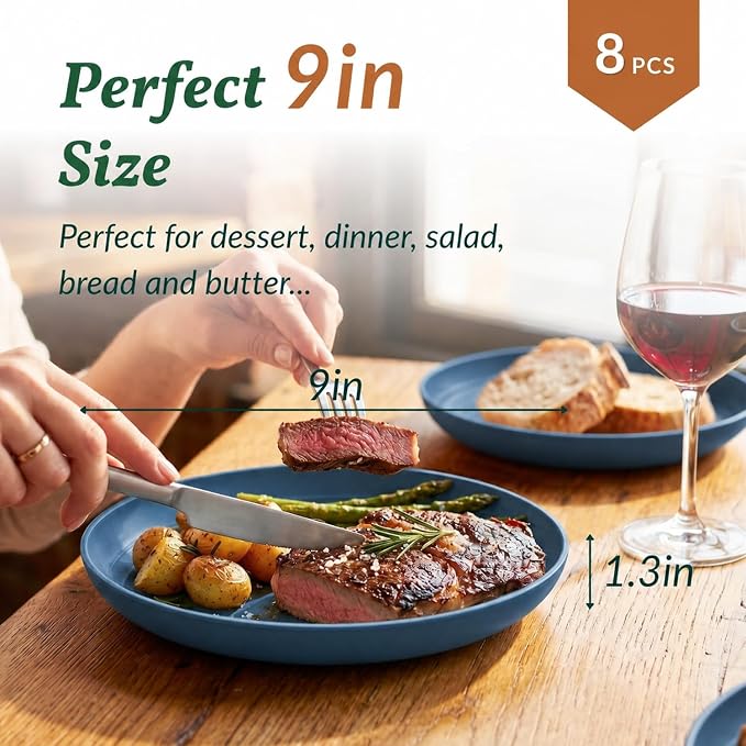 Unbreakable 8 Pcs Deep Dinner Plates Reusable Plastic Wheat Straw Plates Set Lightweight Kitchen Plates for Salad, Lunch, Dessert, Microwave & Dishwasher Safe Plates for Camping (Blue, 9 In)