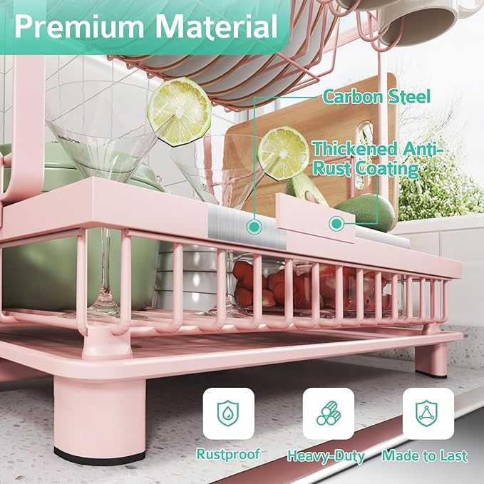 2-Tier Dish Drying Rack for Kitchen Counter, Space-Saving, Pink | Rustproof Carbon Steel, Auto Drain Spout, Space-Saving Dish Rack with Drainboard, Utensil & Cup Holders, Countertop Organizer