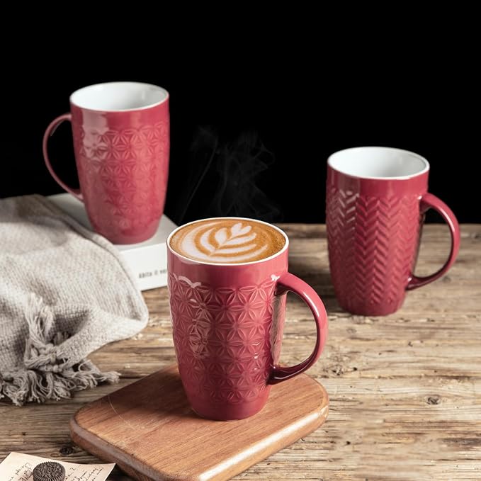 AmorArc 20 oz Large Coffee Mugs Set of 6, Red Ceramic Tall Coffee Cups | 3 Assorted Designs, Embossed Ceramic Coffee Mugs with Large Handle for Coffee/Tea/Cappuccino, Dishwasher&Microwave Safe