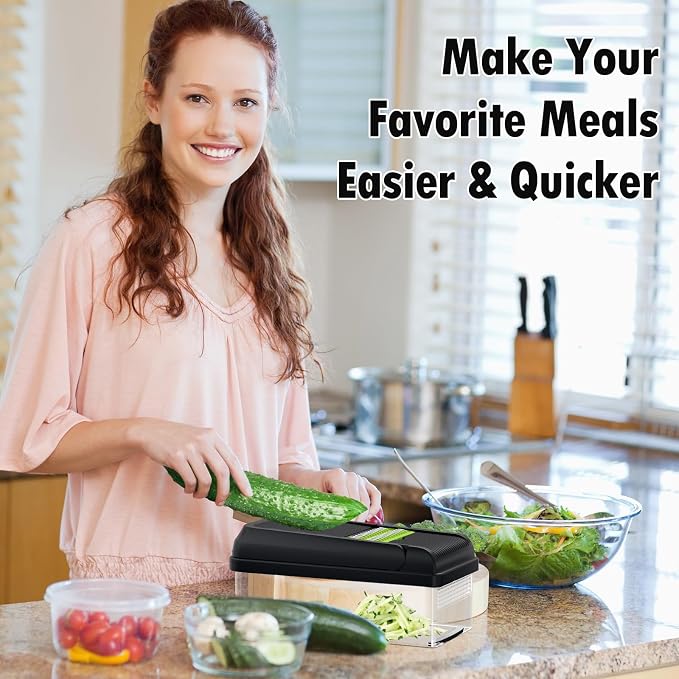 15-in-1 Vegetable Chopper with 10 Blades, Food Veggie Cutter, Green | Includes Egg Separator, Food Container and Finger Guard, Non-slip Base, for Chopping, Slicing, Shredding, and Mincing