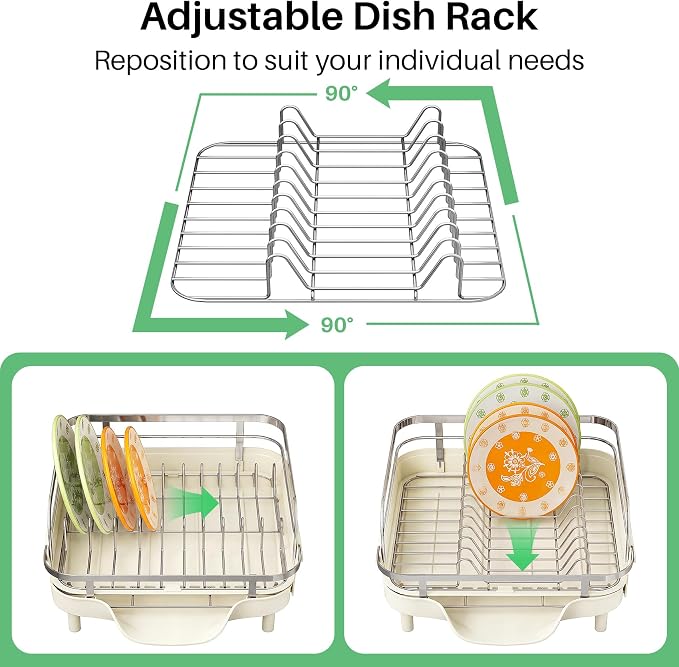 SAYZH Expandable Dish Drying Rack for Small Kitchen Counter, Beige | Stainless Steel, Protective Guardrail, Angled Drainboard, Fits High-Rim Sinks, Removable Utensil Holder