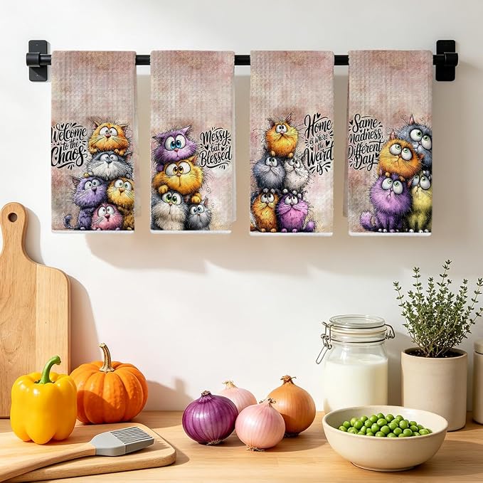Jztco 4 Pcs Funny Cat Kitchen Towels, Cute Cat Gifts Reusable Hand Towels | Cat Dish Cloths for Drying Dishes, Cats Waffle Dish Towels for Kitchen Bathroom Decor, Cat Lover Gifts for Women Grandma Mom