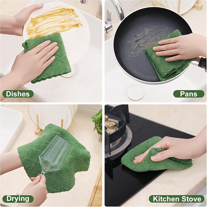 Homaxy 18 Pack Super Soft Absorbent Dish Cloths, 10" x 10", Grass Green | Coral Velvet, Nonstick Oil Fast Drying Microfiber Cleaning Cloth, No Lint Household Dishcloths