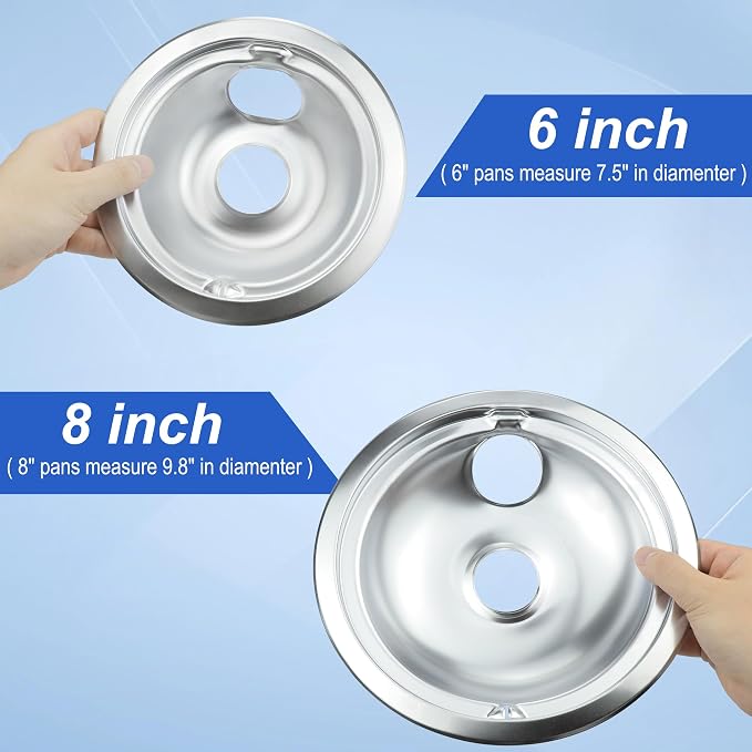 Electric Stove Drip Pans for GE Hotpoint Kenmore, Chrome 4-Pack | Includes 2×6" and 2×8" chrome drip pans to replace worn burner bowls on compatible GE, Hotpoint, and Kenmore ranges