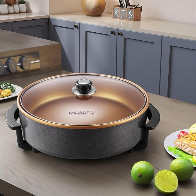 14" Large Electric Skillet with lid, Ceramic Nonstick Coating Electric Frying Pan, 1500W Quick & Even Heating, 5 Adjustable Temperature Control, Tempered Glass Lid & Cool-Touch Handles