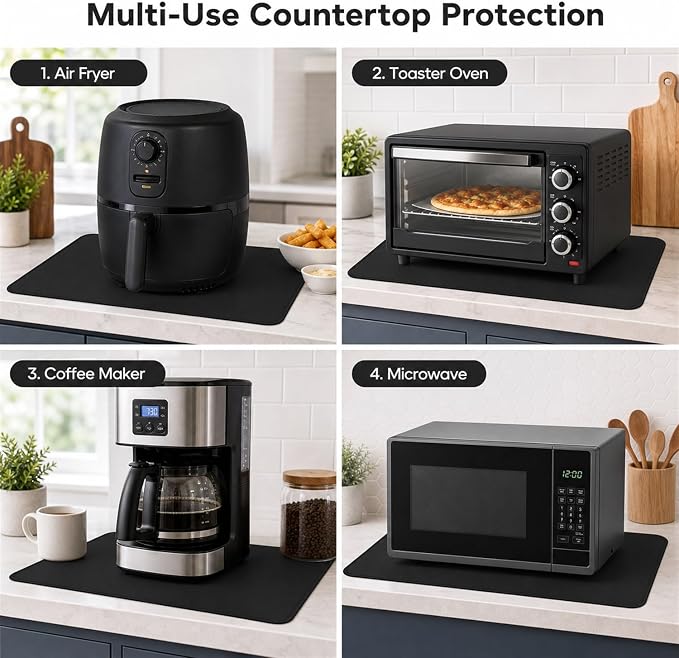 FLASLD Heat Resistant Mat for Air Fryer Site on, Fireproof Silicone Mats for Kitchen Counter, Countertop Protector, No-slip and Waterproof (12"X18", Black)