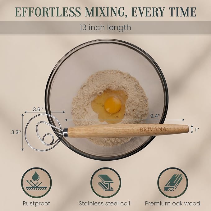 Danish Dough Whisk for Sourdough Bread, 13-Inch Bread Whisk with Wooden Handle, Stainless Steel Single Loop Dough Mixer and Sourdough Whisk for Bread Making, Pizza Dough, Batter and Pastry