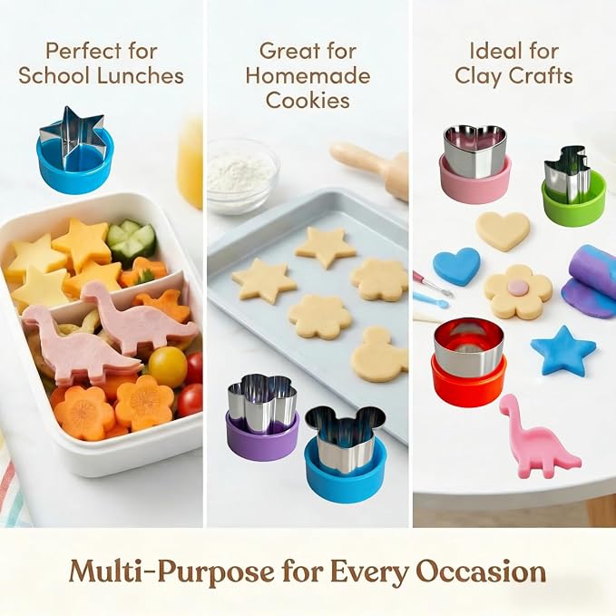 9 PCS 1.5 In Mini Fruit Vegetable Cookie Cutters Set for Kids | Stainless Steel Small Sandwich Food Cutter Shapes, Fun Shaped Tiny Dinosaur Heart Star Circle Flower for Lunch, Cheese & Clay