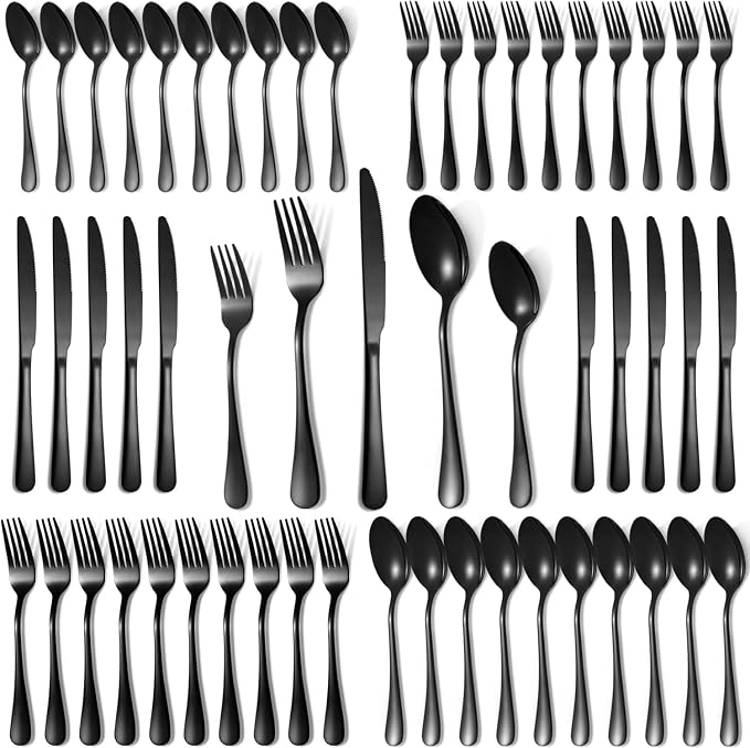 Silverware Set,50-Piece Stainless Steel Flatware Set for 10 | Food-Grade Stainless Steel Cutlery Set,Dishwasher Safe,Mirror Finished Utensil Sets for Home Restaurant,Round Edge,Black