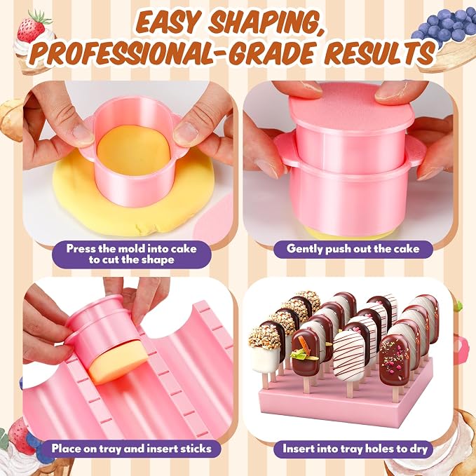 2 Pcs Cakesicle Cutter with 9 Inch Tray, Cake Pop Mold Set with Display Stand and 3 Types of Packaging Accessories, Baking Tools for Home, Birthday, Parties, Wedding Desserts