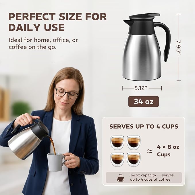 Thermal Coffee Carafe for Keeping Hot – 34OZ Insulated Small Coffee Pot | 304 Stainless Steel Coffee Flask, Tea Pitcher for Hot Drinks Liquid Water, Insulated Beverage Dispenser for Parties
