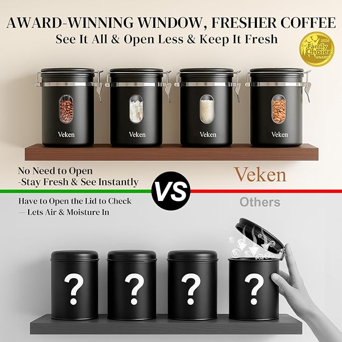 Veken Coffee Canister with Window, Airtight Stainless Steel Container, 16OZ | Kitchen Food Storage Pantry Organizers for Beans,Ground,Espresso,Rice,Tea,Sugar,Bar Accessories,Gifts,Lids,Jars, Scoop, Black