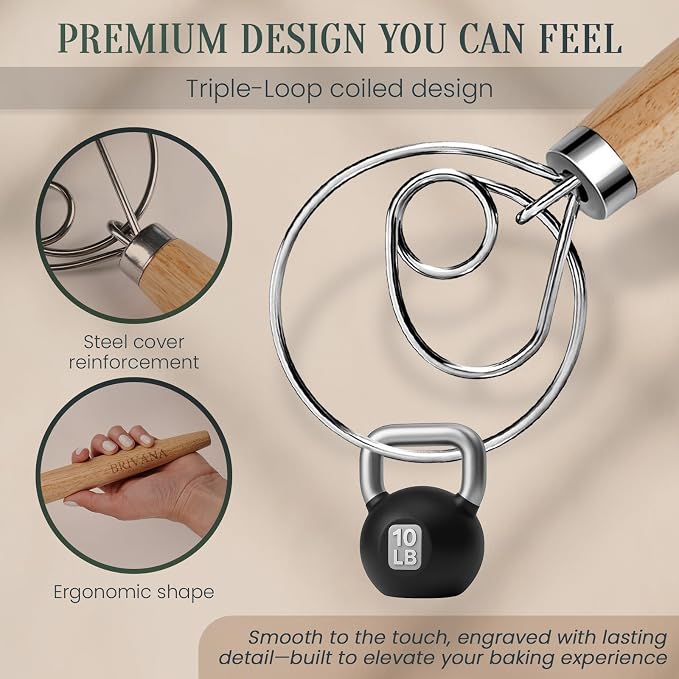 Danish Dough Whisk for Sourdough Bread, 13-Inch Bread Whisk with Wooden Handle, Stainless Steel Single Loop Dough Mixer and Sourdough Whisk for Bread Making, Pizza Dough, Batter and Pastry