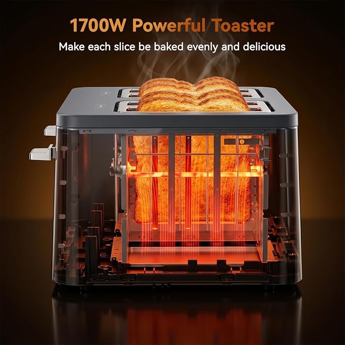 Mecity 4 Slice Touchscreen Toaster, 6 Bread Modes & 6 Browning Levels, Dual Touch Control Wide Slot Stainless Steel Electric Toaster with Memory, Defrost, 3-Min Auto Shutoff for White, Bagels, Waffles