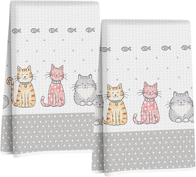 Jztco 2 Pcs Cute Cat Kitchen Towels, Cat Gifts Reusable Hand Towels | Cat Dish Cloths for Drying Dishes, Cats Waffle Dish Towels for Kitchen Bathroom Decor, Cat Lover Gifts for Women Grandma Mom