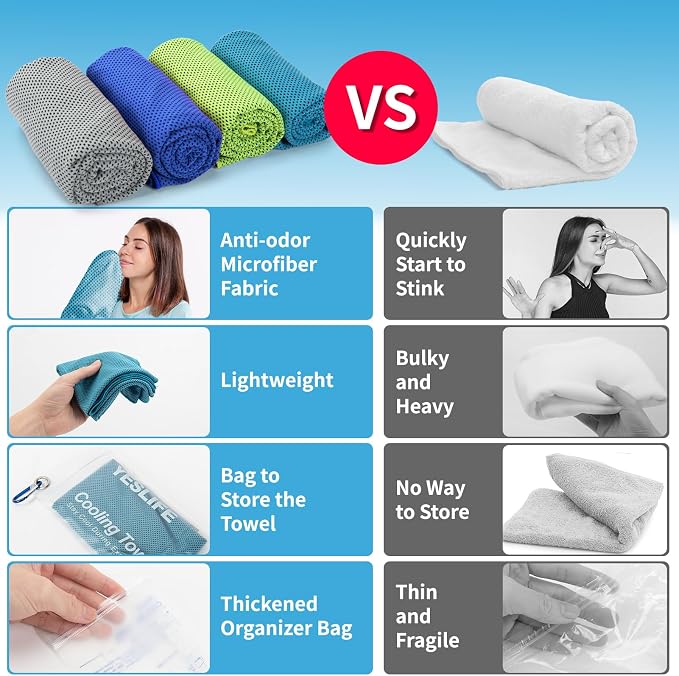 YESLIFE Cooling Towels, 4-Pack 40"x12", Multicolor Set I | Microfiber gym towels, soft breathable neck wrap, cooling towel for yoga running sport camping, Multicolor, 4-pack