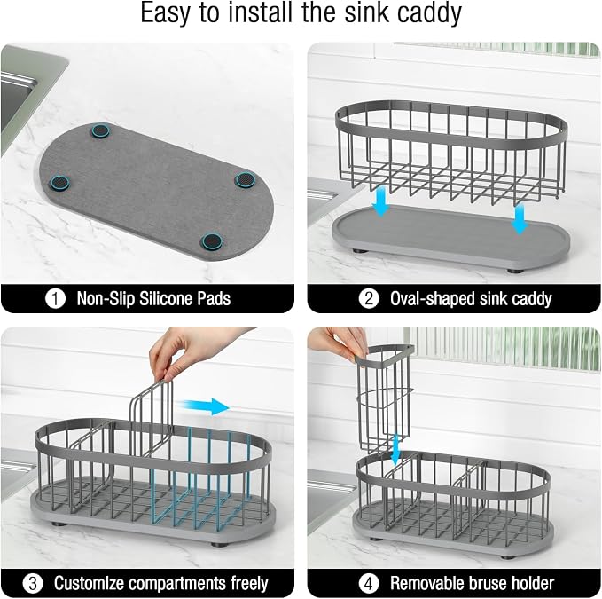 Sink Caddy Kitchen Sink Organizer, Sponge & Brush Holder, Stone Drying Mat | Space-Saving Sink Sponge Holder with Full-Size Tool Storage, Fits Most Sinks, Kitchen Sink Accessory and Countertop Organizer