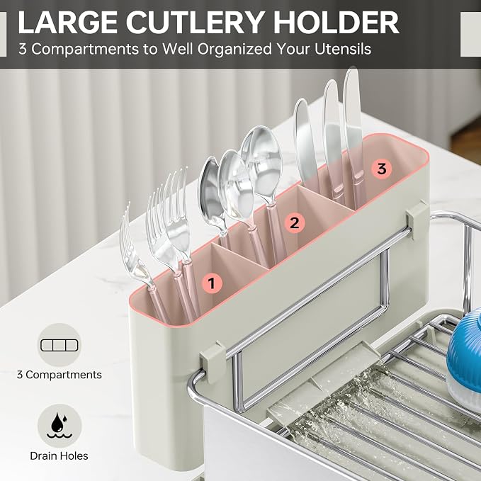 Urackify Dish Drying Rack, Stainless Steel Dish Rack with Auto Drain | Rustproof Dish Drainer with Cutlery Holder & Auto Drain, 16.9" L x 12.4" W Big Load for Plate Dish Sliverware, Light Geen