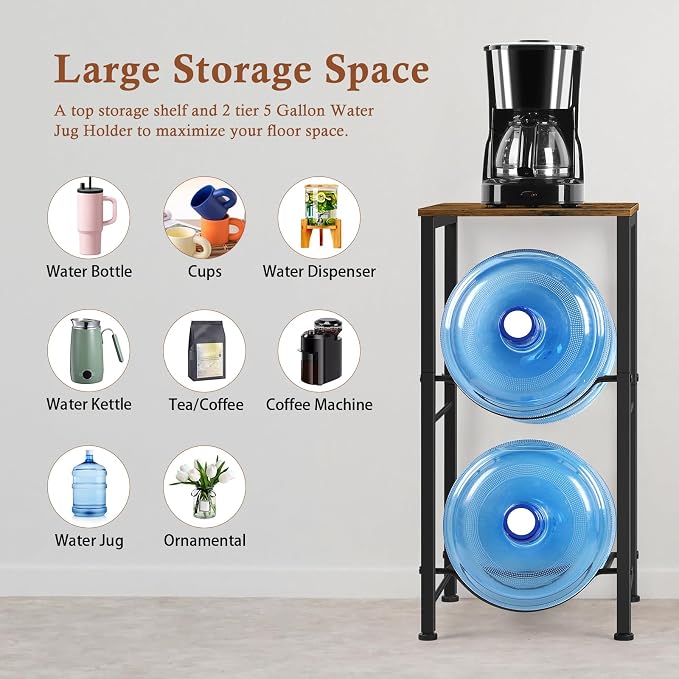5 Gallon Water Jug Holder with Top Shelf, 2 Tier Water Dispenser Rack Stand 5 Gallon Water Bottle Storage Organizer for Kitchen, Home Office, Living Room, Rustic Brown