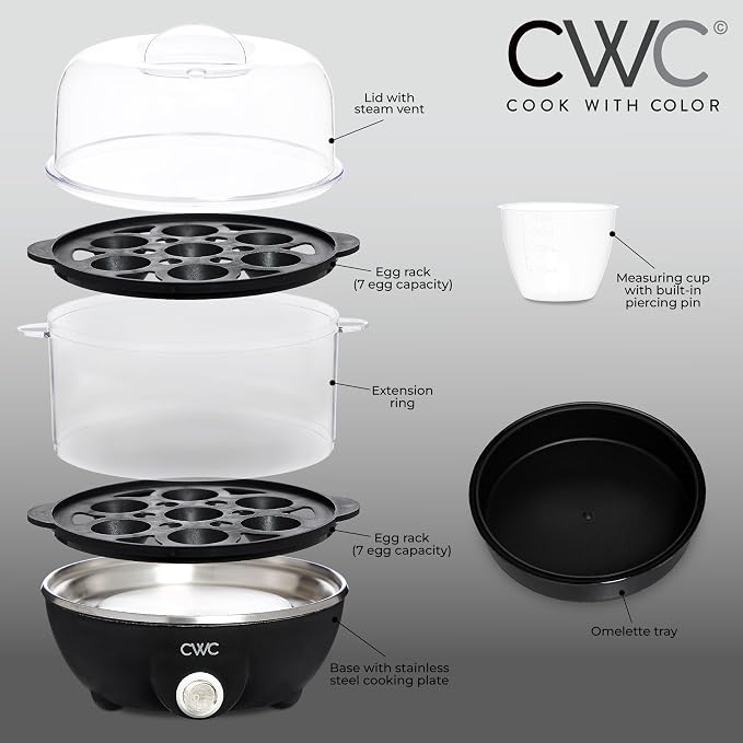 COOK WITH COLOR 350W Electric Double Layer Egg Cooker - Egg Boiler for Hard Boiled, Soft Boiled, and Omelettes, 6.1x6.1x8.7, Black