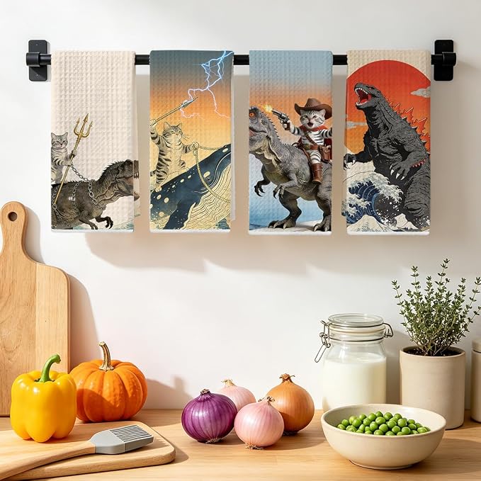 4 Pcs Funny Cat Kitchen Towels, Godzilla Japanese Cats Gifts Hand Towel | Cat Lover Gifts for Women Mom Microfiber Dish Cloths for Drying Dishes, Waffle Dish Towels for Kitchen Home Decor 24x14 Inch