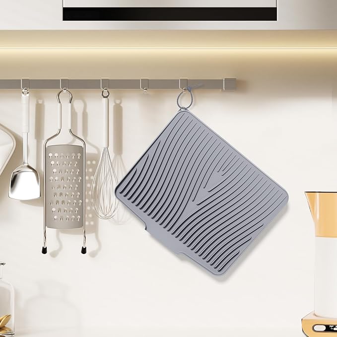 Silicone Dish Drying Mat | 15.8"x13" Dish Drainer Mat, Heat-Resistant Kitchen Counter Mat & Over-Sink Drying Tray, Can Be Hung, Grey-2pcs