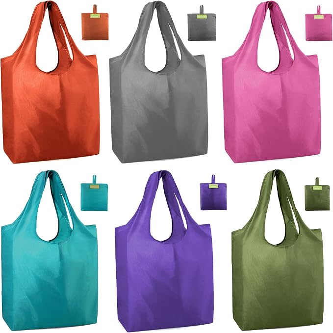 BeeGreen Reusable Shopping Bags Cute Grocery Bag 6 Pack, Reusable Gift Bags Heavy-Duty Foldable Shopping Totes for Supermarket, Work & Travel, Large Washable Polyester Tote Bag with Handles