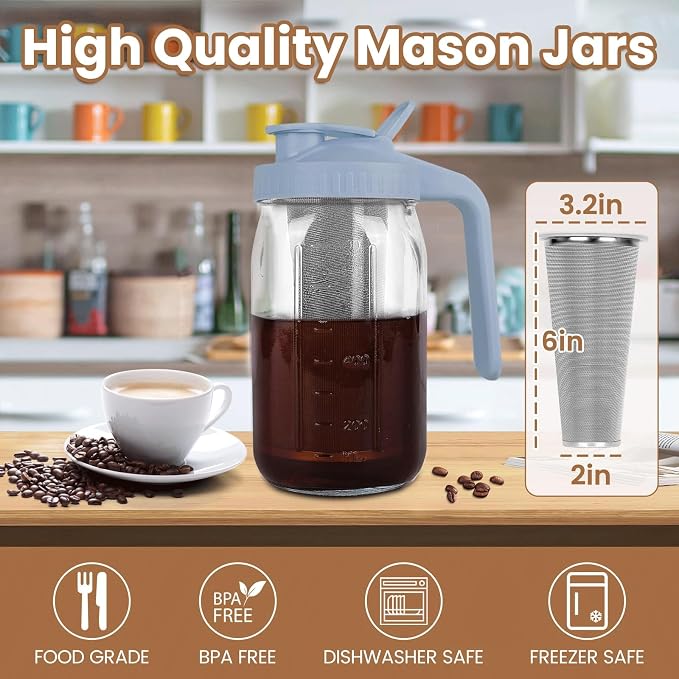 Cold Brew Coffee Maker, 32 oz Mason Jar Pitcher with Stainless Steel Filter, Pour Spout Handle Lid, Heavy Duty Glass Airtight & Leak-Proof for Iced Coffee,Tea & Lemonade