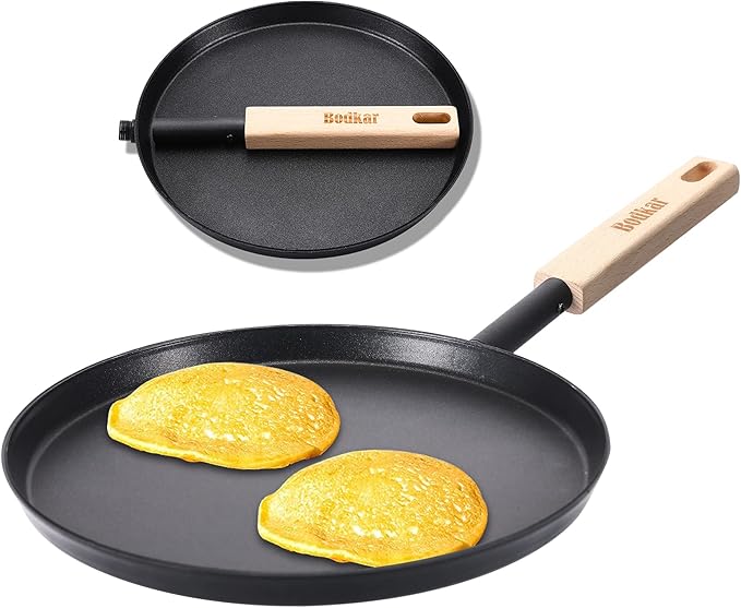 bodkar 8-inch Frying Pan Skillet Flat Crepe Pan, Lightweight Grill Pan with Wooden Handle for Camping Indoor Outdoor Cooking | Lightweight Grill Pan with Wooden Handle for Camping Indoor Outdoor Cooking (Black, #1 8-inch)