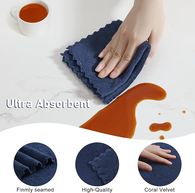 Homaxy Super Soft 12 Pack Kitchen Towels and Dishcloths Set, Navy Blue | Ultra-Absorbent, 10 x 10 and 13 x 19 Inches, Coral Velvet, No Lint, Nonstick Oil, Fast Drying, Microfiber Cleaning Cloth