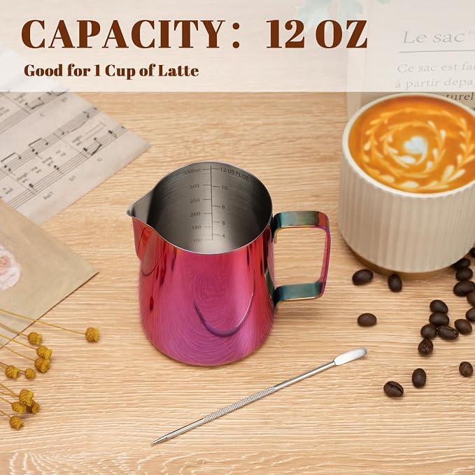 Amrules Milk Frothing Pitcher 12oz Frother Cup Barista Tools, Multipurple | 18/8 Stainless Steel, 12oz Capacity with Clear Scale, with Decorating Pen, Ergonomic Handle, for Cappuccino, Latte & Espresso