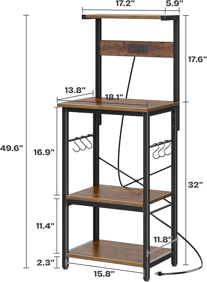 SUPERJARE 4 Tier Bakers Rack with Power Outlets, Microwave Stand with Adjustable Shelf, Kitchen Shelf Organizer for Small Space, Coffee Bar with 6 S Hooks, Kitchen Storage Rack, Rustic Brown