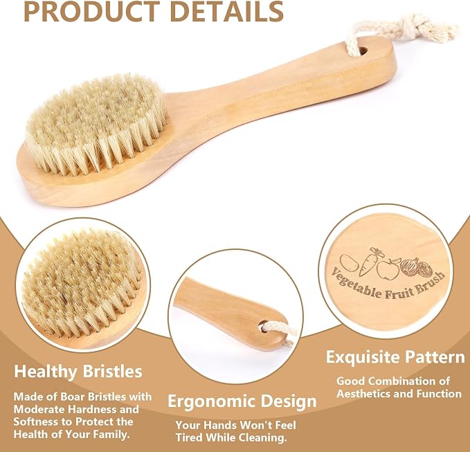 Vegetable Brush Set of 2, Natural Wooden Potato Scrubber for Cleaning