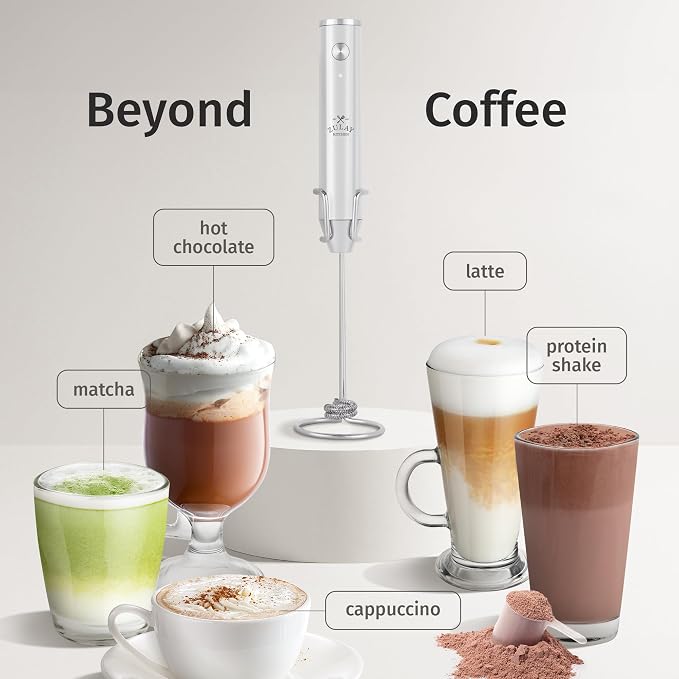 Zulay Kitchen Rechargeable Milk Frother Handheld - Frother Wand, Drink Mixer, Electric Whisk Frother, for Cappuccinos, Matcha & Protein Powder - Lux Double Whisk 2 Speed Waterproof 2000mAh White