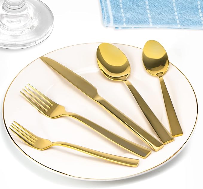 Gold Silverware Set for 8, 40 Pieces Flatware Set Stainless Steel | Luxury Steak Knife Fork and Spoon Set, Square Handles, Mirror Polished, for Home Kitchen Restaurant Weddings