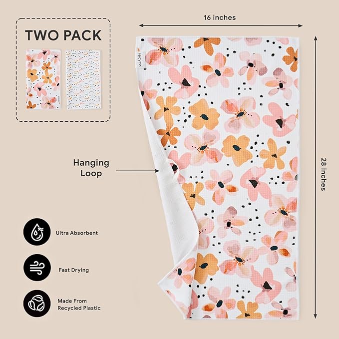 RECYCO Waffle Kitchen Towel Set of 2 - Quick Dry Microfiber Sustainable Dish Towels - Ultra Absorbent Reusable Cleaning Tea Towels - Lightweight Hand Towels,16”x 28”, Blossom Breeze