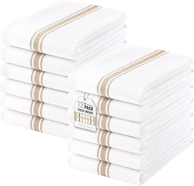 Homaxy 100% Ring Spun Cotton Kitchen Towels 12 Pack, Khaki Stripe | 15 x 25 Inch, Highly Absorbent Dish Towels for Kitchen Drying, Reusable Cleaning Cloths, Soft Tea Towels with Hanging Loop