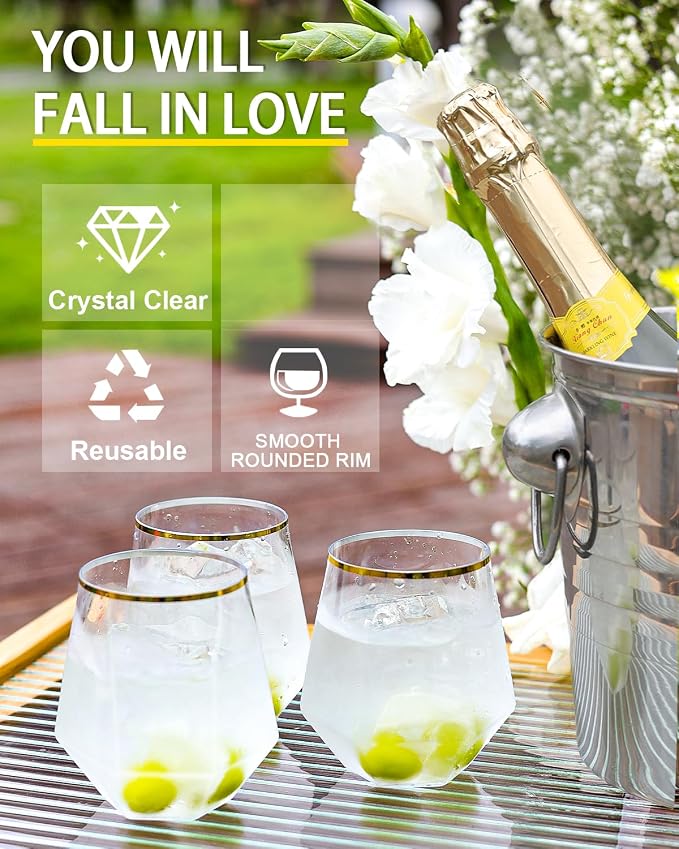 40 Pack Plastic Wine Glasses, 12 Oz Disposable Cocktail Whiskey Glasses | Gold Rimmed Diamond Stemless Champagne Margarita Glasses, Clear Unbreakable Reusable Plastic Cups for Party Wedding Birthday