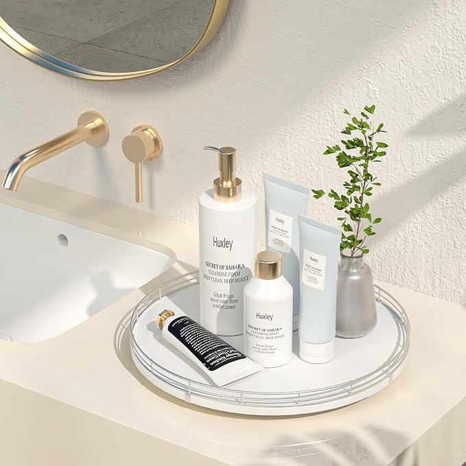 Oroyutor 13-Inch Oak Lazy Susan Vanity Tray with Silver Metal Rail | Rotating oak tray organizes spices, toiletries and decor on kitchen counters, bathroom vanities, dining and coffee tables.