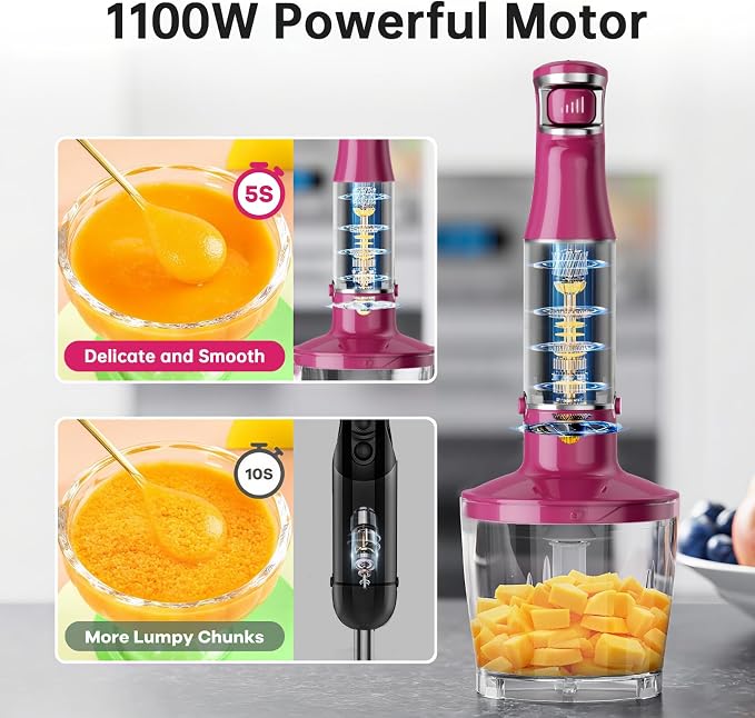 Turelar Immersion Blender Handheld Corded Hand Blenders Set 1100W, Trigger Variable Speed 5 in 1 Stick Emulsifier with Chopper, Whisk and Frother for Soup, Baby Food and Smoothies, Rose Red