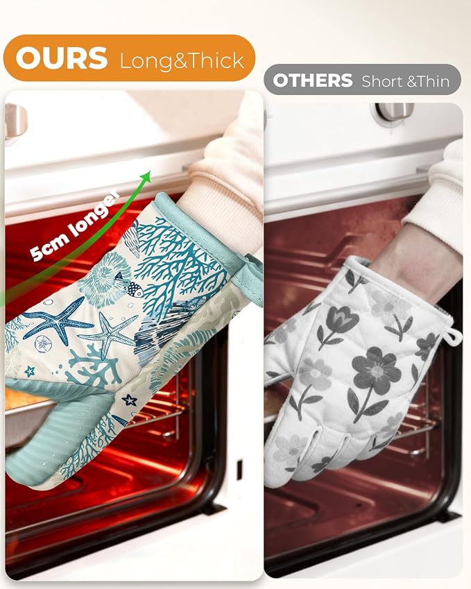 100% Thick Cotton Mini Oven Mitts Silicone Grip Blue Ocean | Girly Cute Oven Mitts for Women, Machine Washable, Non-Slip, Reversible Design Fits Both Hands, Stylish Kitchen Decor
