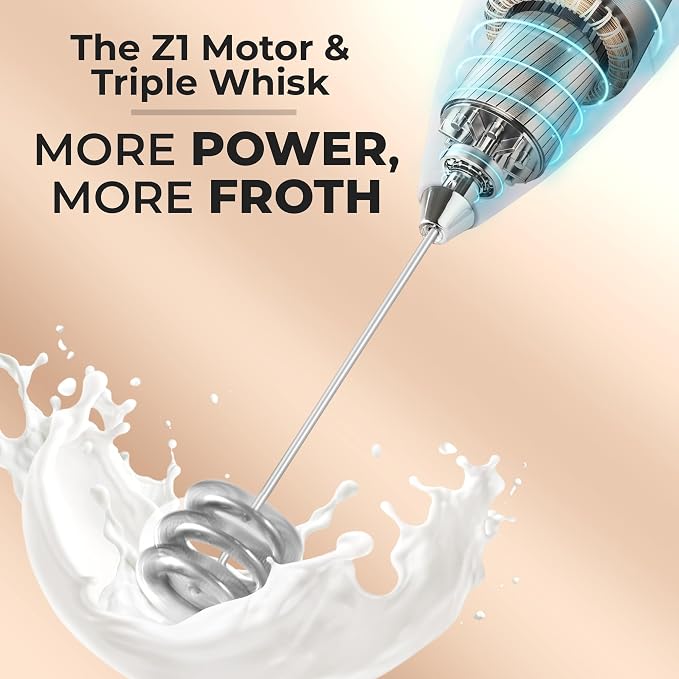Zulay Kitchen Powerful Milk Frother Wand With Duracell Batteries - Ultra Fast Handheld Drink Mixer - Electric Whisk Foam Maker for Coffee, Lattes, Cappuccino & Matcha - Triple Whisk - Pale Cloud