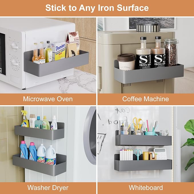 Mystozer Magnetic Spice Rack for Refrigerator, Kitchen Organizer and Storage Shelf, Grey(2 Pack)