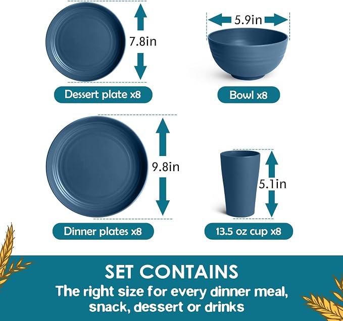 Teivio 32-Piece Plates and Bowls Sets for 8, Autumn Blue Dinnerware Sets | 13.5oz Cups, Plastic Wheat Straw Unbreakable Dish Set, Dishwasher Safe, for Outdoor Camping RV Apartment Essentials Plate Set