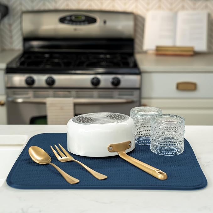 S&T INC. Dish Drying Mat, 16" x 18", Large, Navy | Absorbent Microfiber, Kitchen Counter Mat for Dishes, Utensils, Pots and Pans, Machine Washable