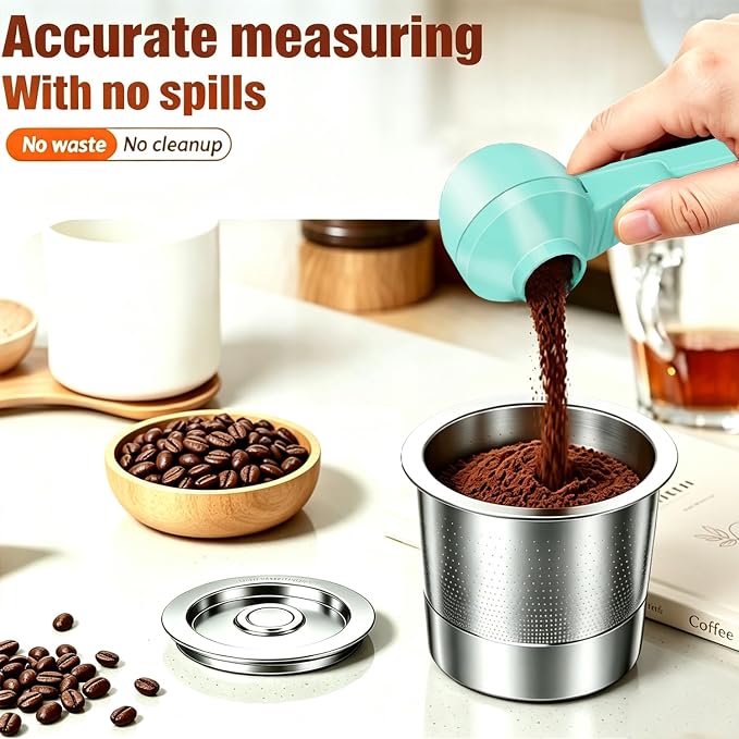 2-in-1 Coffee Scoop with Funnel, 2 Tbsp Measuring Spoon for Reusable K Cups, Ground Coffee, Protein Powder & Tea, Mess-Free Plastic Design（Light Green-1pack）