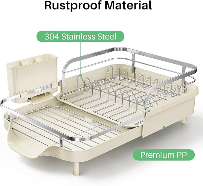 SNTD Expandable Dish Drying Rack for Kitchen Counter, 15.2-22.1 in, Beige | Rust-Resistant Stainless Steel, Protective Side Rails, Self-Draining Drainboard, Removable Utensil Holder
