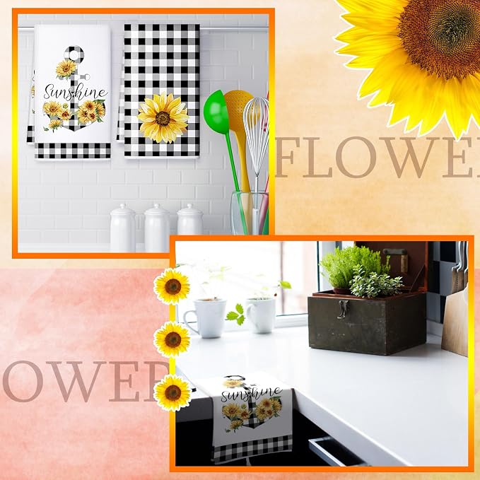4 Pcs Sunflower Kitchen Towels Set, Hand Tea Towels Gifts | Absorbent Fast Drying Dish Clothes Yellow Black White Plaid Decor Housewarming Gift for Cooking Bathroom Kitchen Decor
