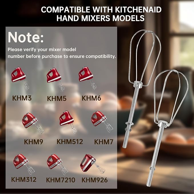 Hand Mixer Beaters Attachments for KitchenAid KHM Series | Paddle Stainless Steel Turbo Beater Replacement Parts Compatible with KHM512 KHM926 KHM7210 KHM6118 (Style B, 2 Pack)